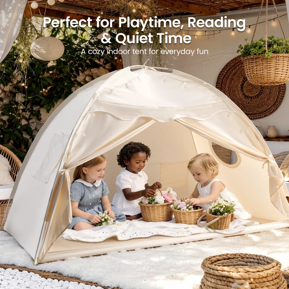 Tiny Land® kids play tent with rounded doorway, cream fabric, children playing inside