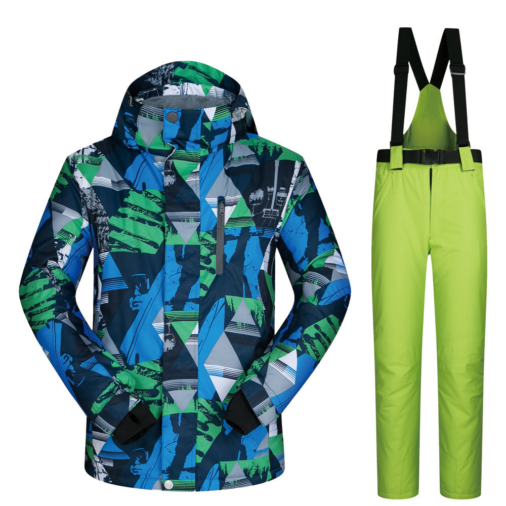Men's hooded ski jacket and lime green bib pants, blue-green abstract winter pattern.