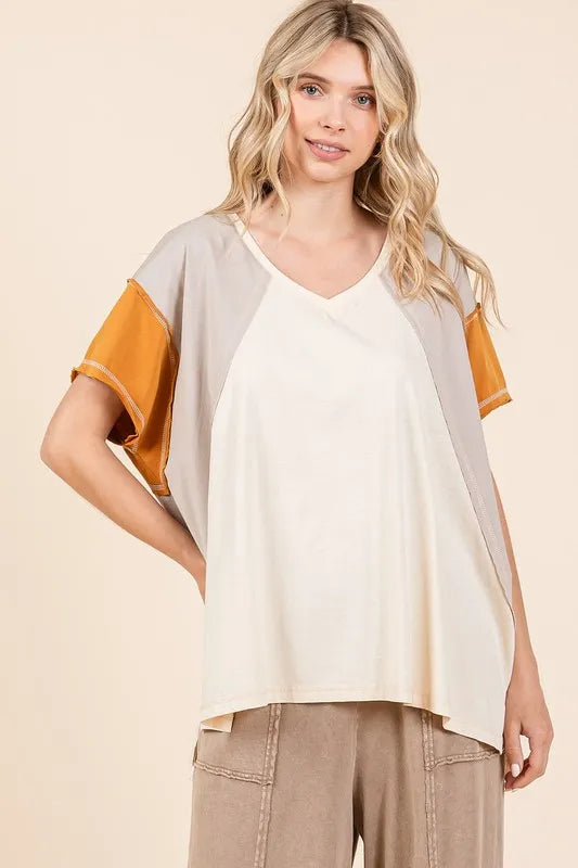 Color-block V-neck short-sleeve t-shirt, cream with orange-trimmed short sleeves