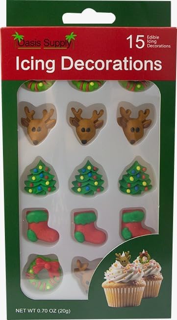 Edible icing cake decorations with reindeer, Christmas trees, stockings, and boots, 15 ct