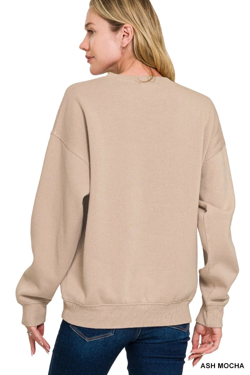 Back view of ash mocha fleece crewneck sweatshirt with long sleeves