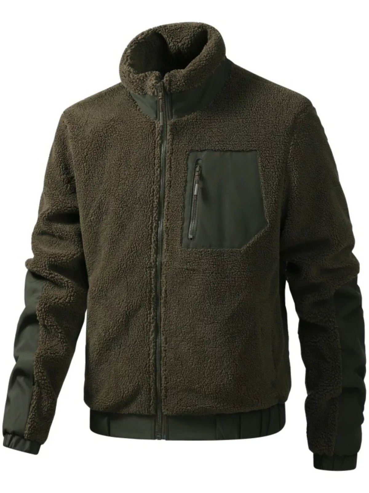 Men's sherpa fleece zip-up jacket, army green, stand collar, chest pocket, ribbed cuffs