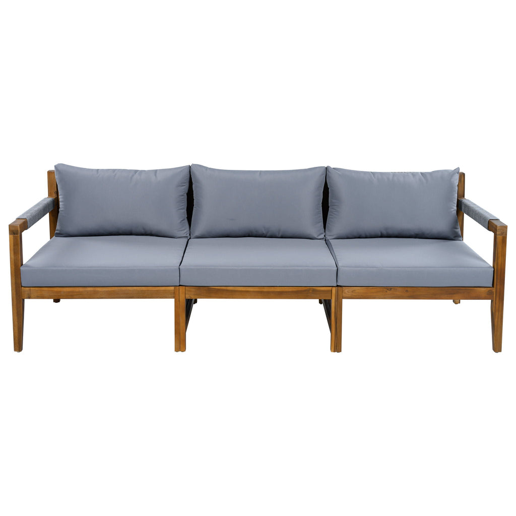 Outdoor loveseat with acacia wood frame, gray cushions, and three back pillows