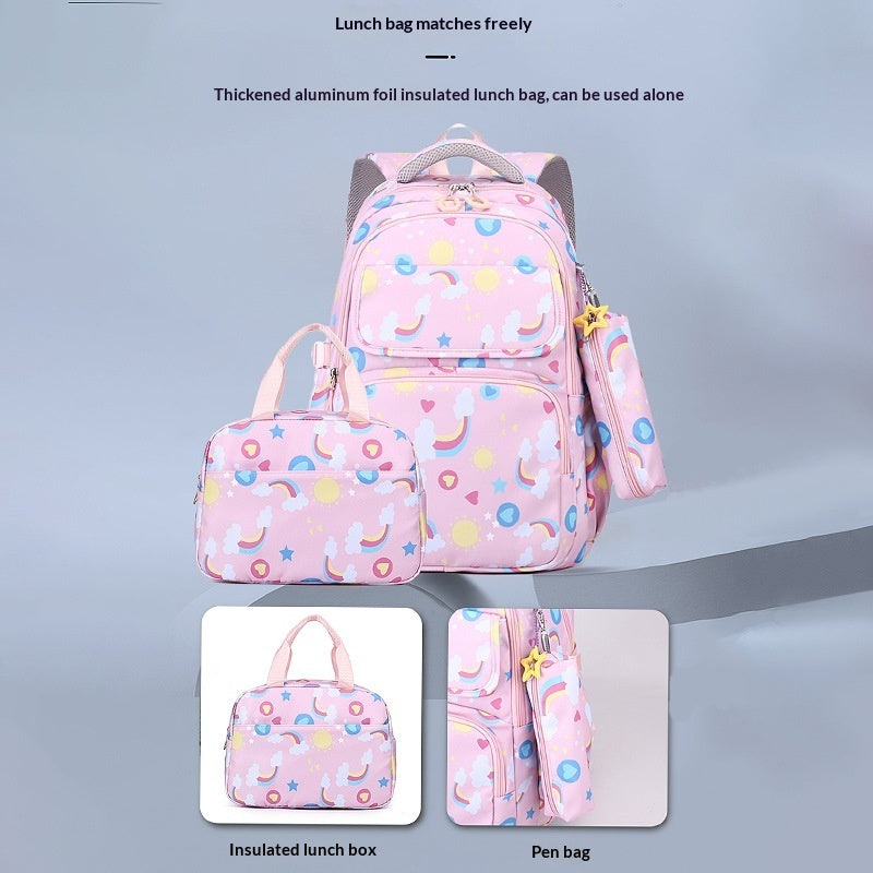 Pink unicorn-pattern school backpack set with insulated lunch bag and pen pouch
