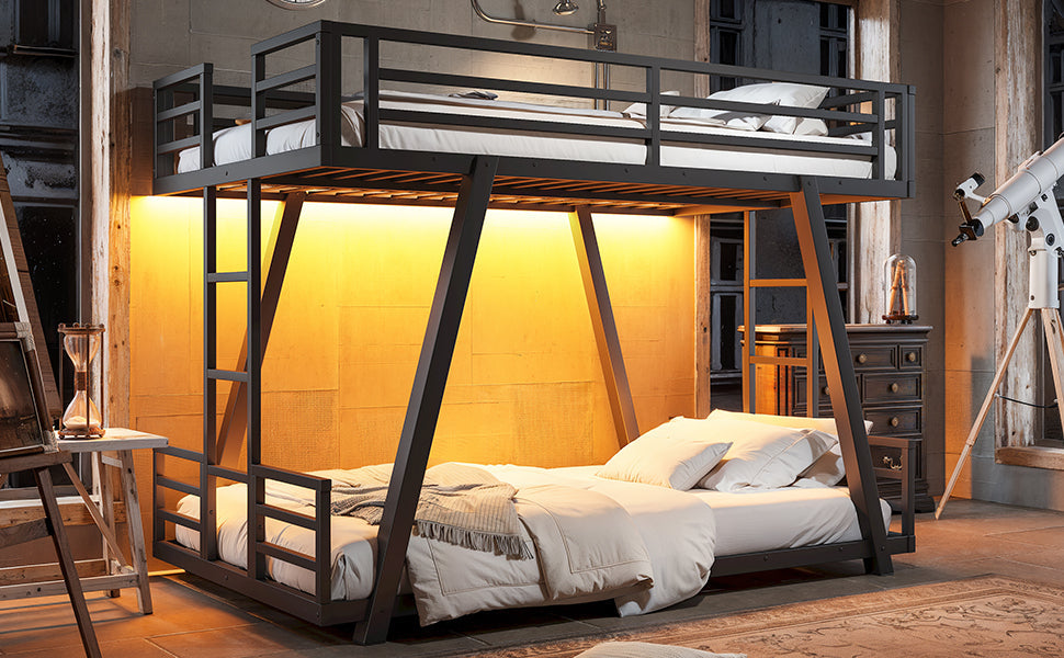 Bunk bed with black metal frame, two made beds and warm LED light beneath the top bunk