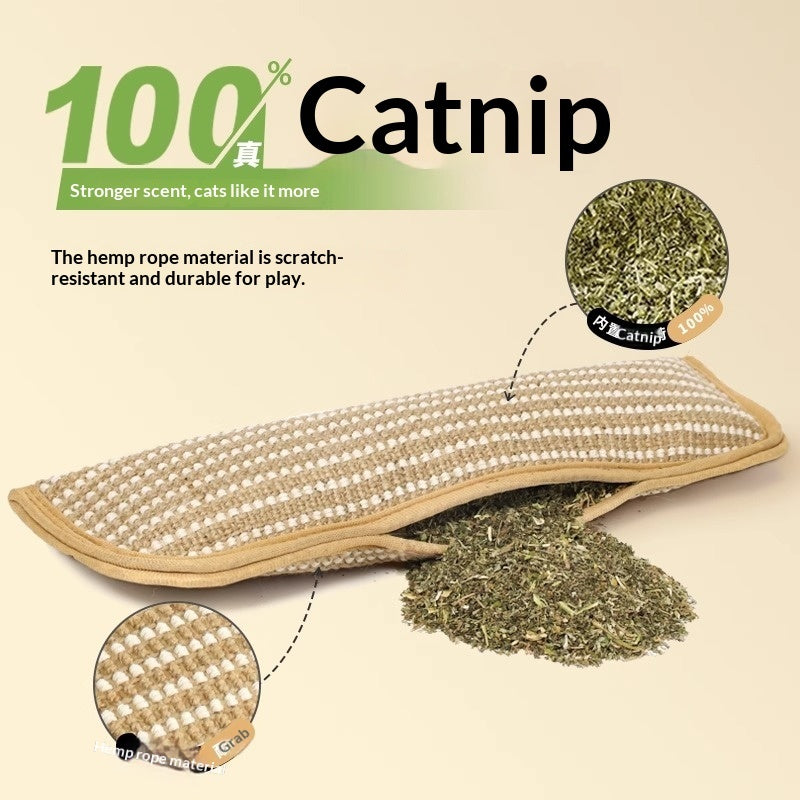 Beige woven catnip pillow chew toy with green herbal filling inside, long bolster shape.