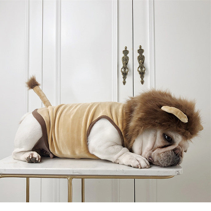 Pet lion costume hooded shirt with tan plush fur trim and brown sleeves