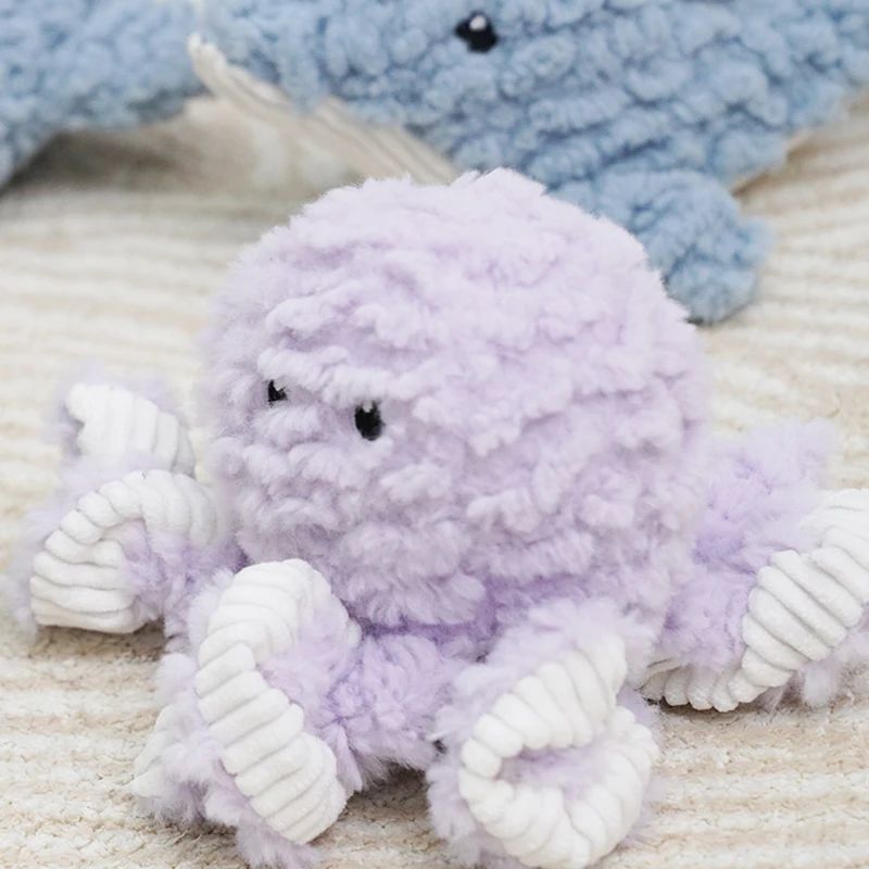 Lilac plush owl dog toy with striped belly and corduroy texture, soft limbs