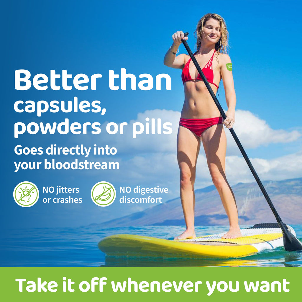 Paddleboarder with THE FRIENDLY PATCH branding and headline about energy without pills