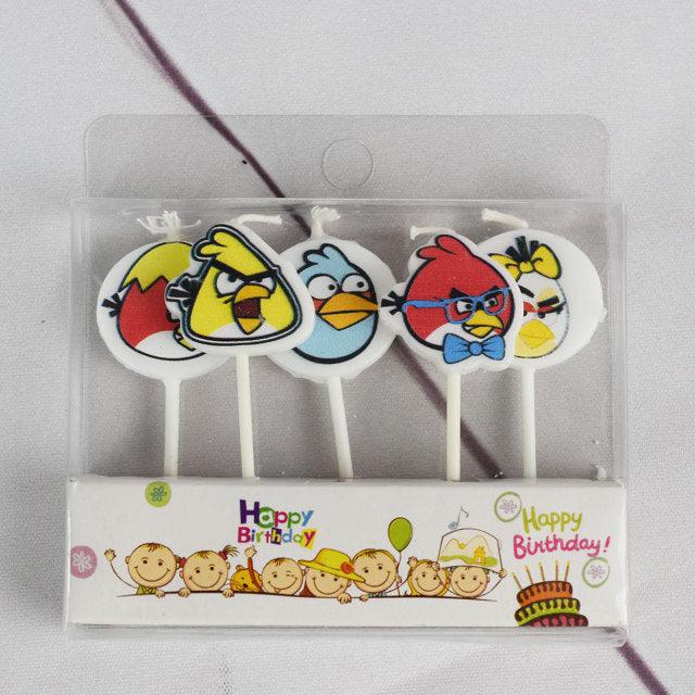 Angry birds character birthday cake candles with lit flames, five-piece pack