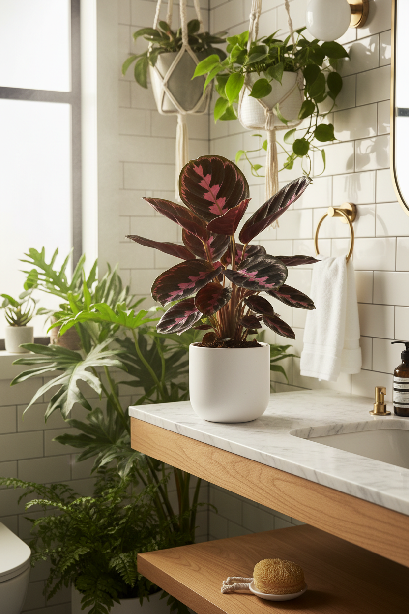 Potted Calathea 'Dottie' in a white pot with dark burgundy and pink-streaked leaves
