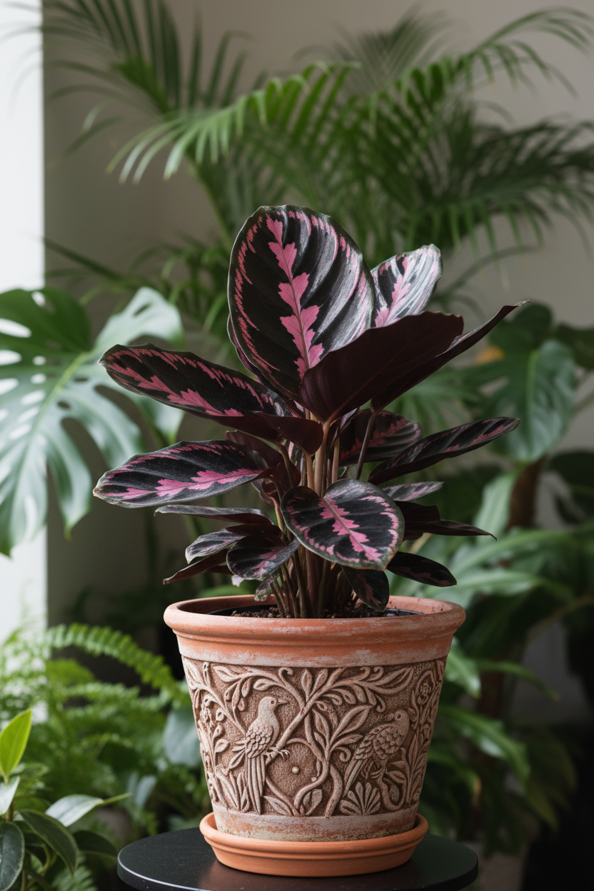 Potted Calathea 'Dottie' with dark leaves and pink streaks in terracotta pot