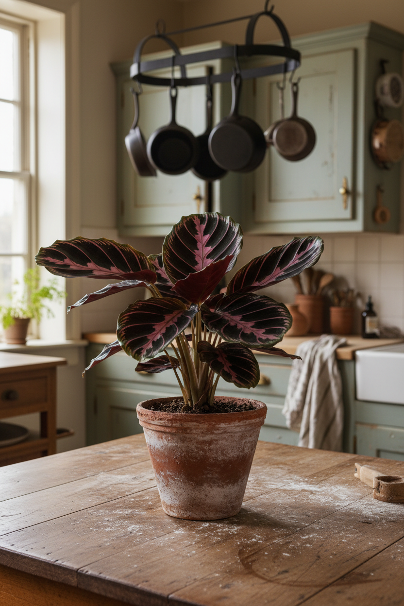 Potted Calathea 'Dottie' with burgundy and pink-striped leaves in terracotta pot