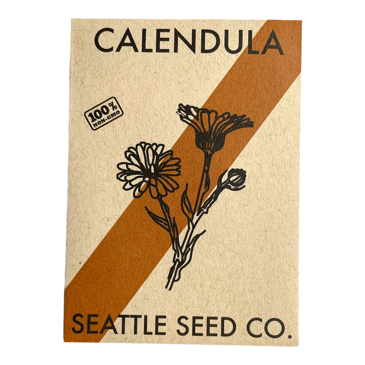 Calendula seed packet with beige and orange design