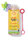 Calendula bubble bath bottle with pink bubble wand, yellow label