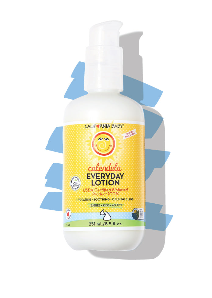Calendula Everyday Lotion bottle with white pump and highlighted front label