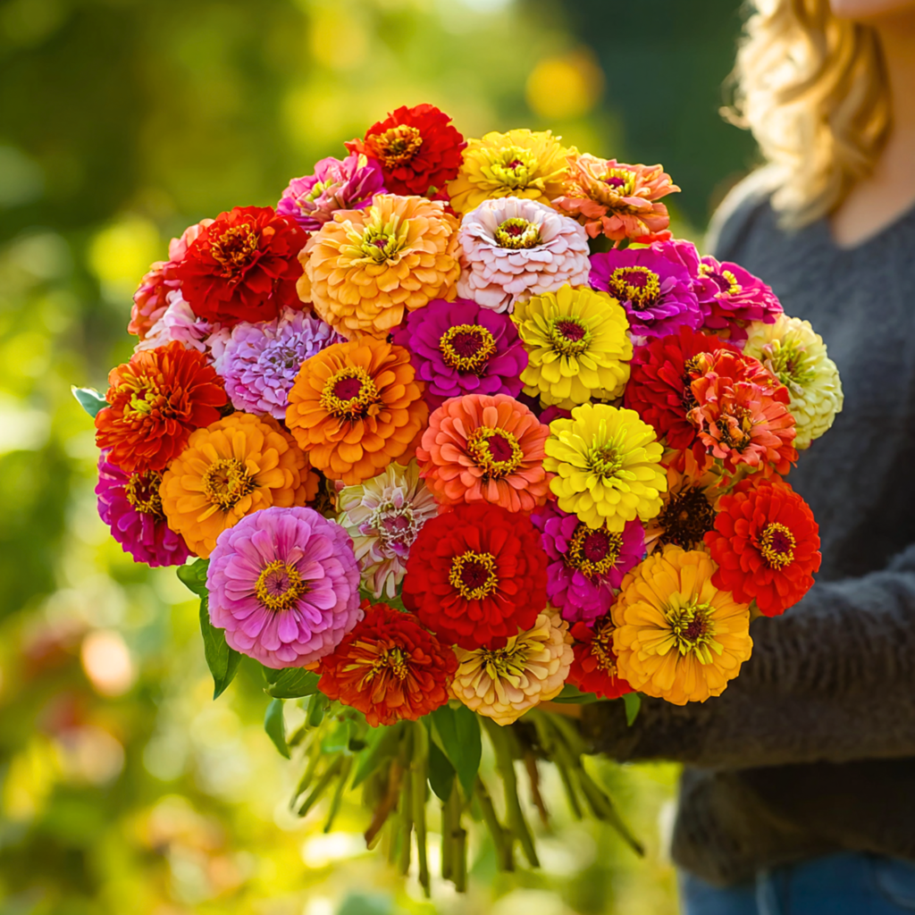 California giant zinnia flowers, mixed orange, pink, yellow and red bouquet