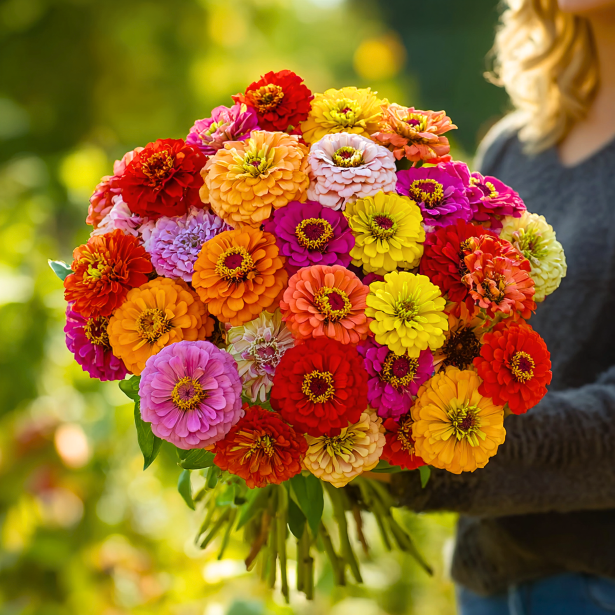 California giant zinnia flowers, mixed orange, pink, yellow and red bouquet