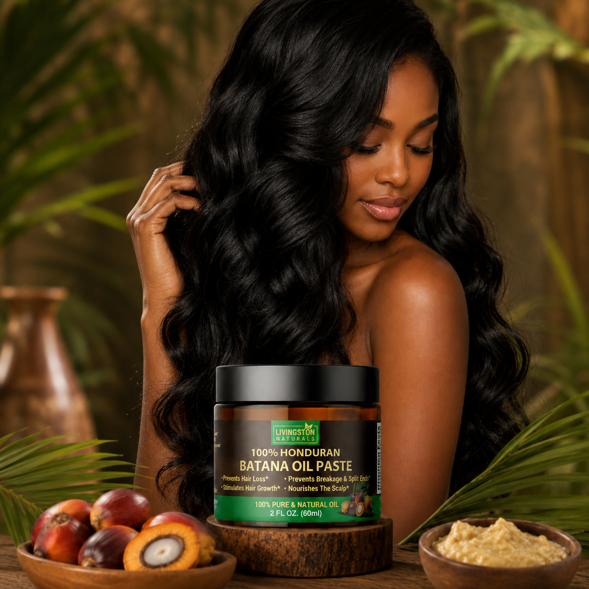 Pure Batana oil paste in a jar with a black lid and green label