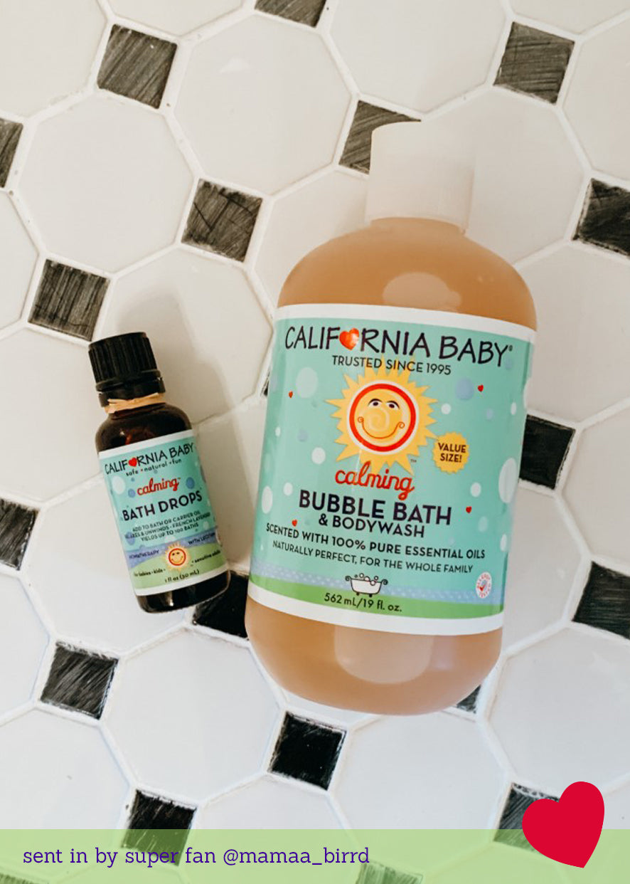 Bubble bath & bodywash bottle set, teal labels, large and small bottles with white caps