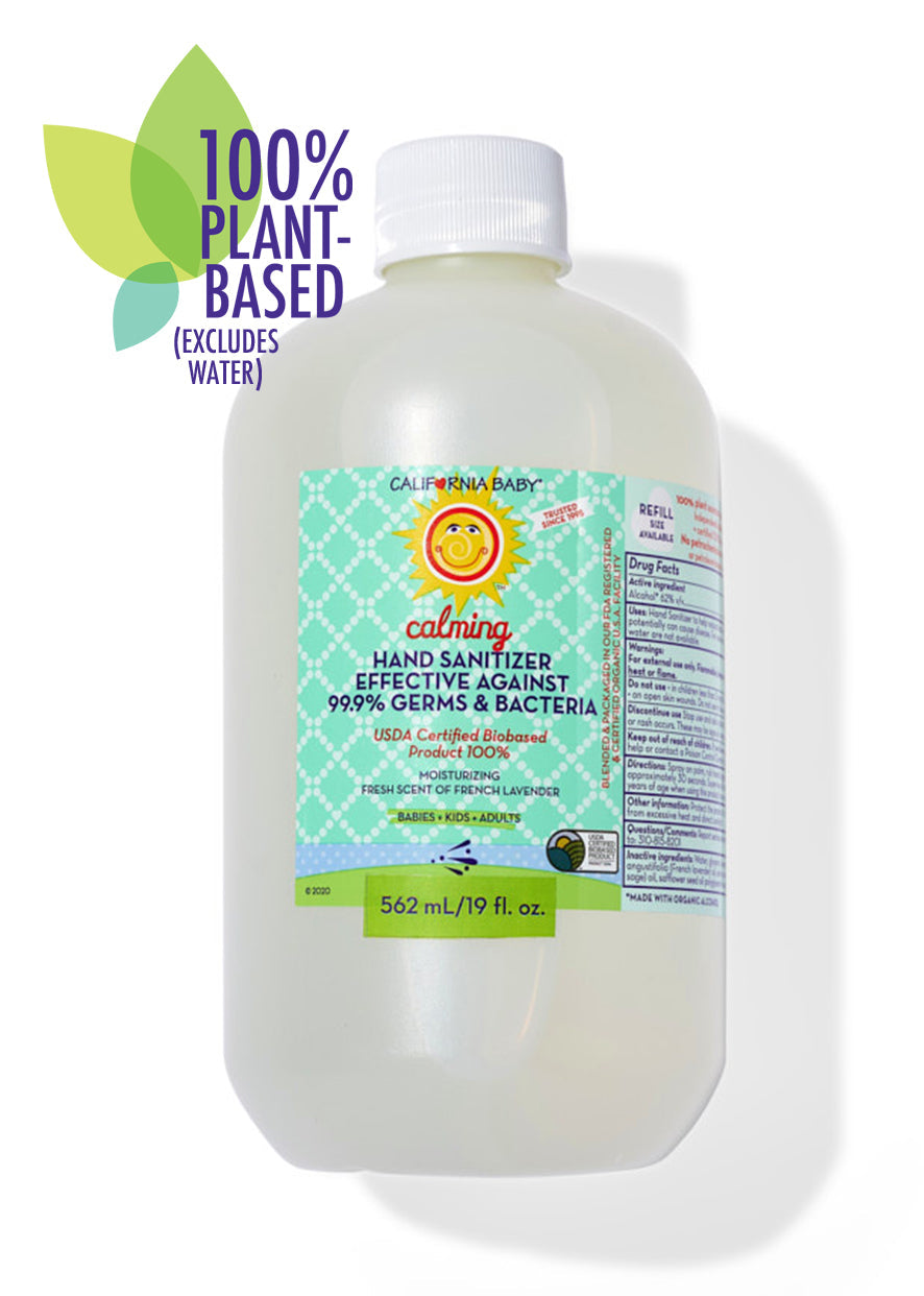 Refill hand sanitizer bottle with white cap and teal label, 562 mL.