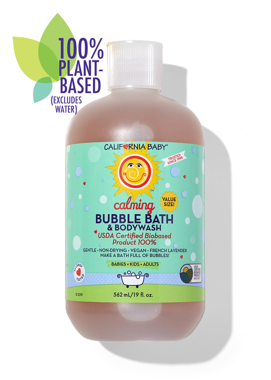 Translucent bubble bath & bodywash bottle with teal label and white cap