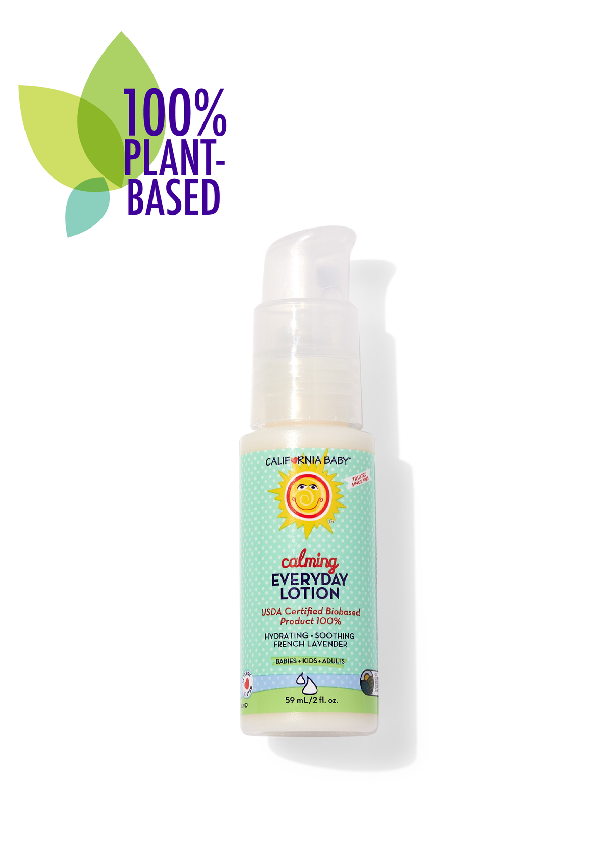 Calming Everyday Lotion travel bottle with pump, white with mint label, 2 fl oz