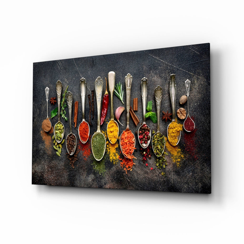Rectangular glass wall art featuring colorful spice spoon artwork in a single row