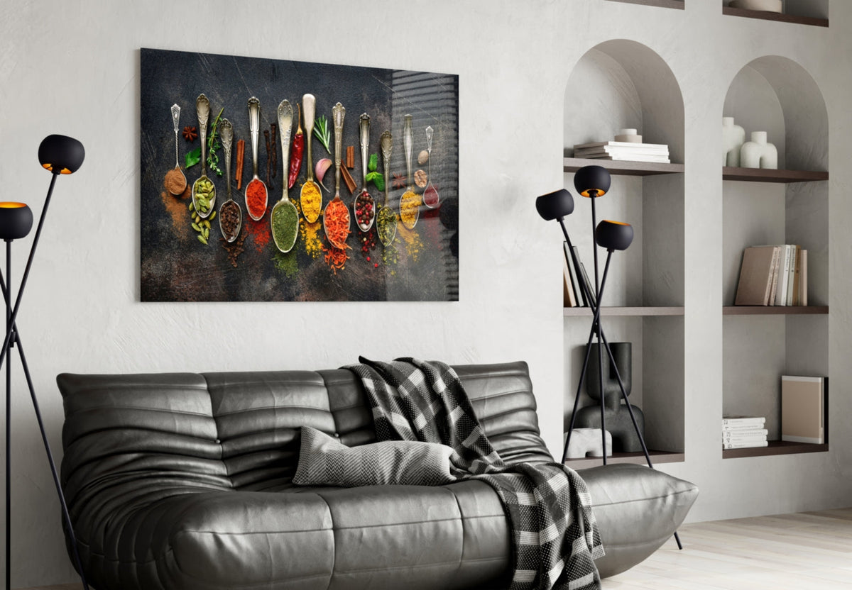 Rectangular glass wall art showing colorful spice spoons arranged in a line