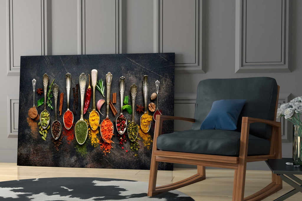 Glass wall art rectangular panel with a row of colorful spice spoon illustrations