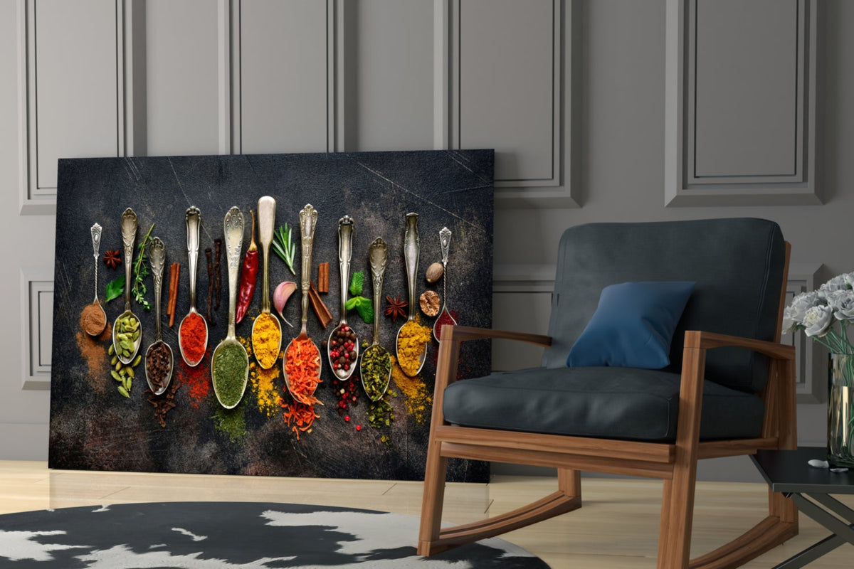 Glass wall art rectangular panel with a row of colorful spice spoon illustrations