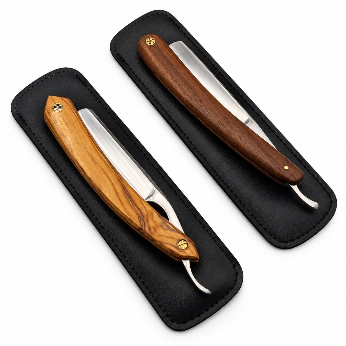 Two straight razors with wooden handles in black leather-style cases