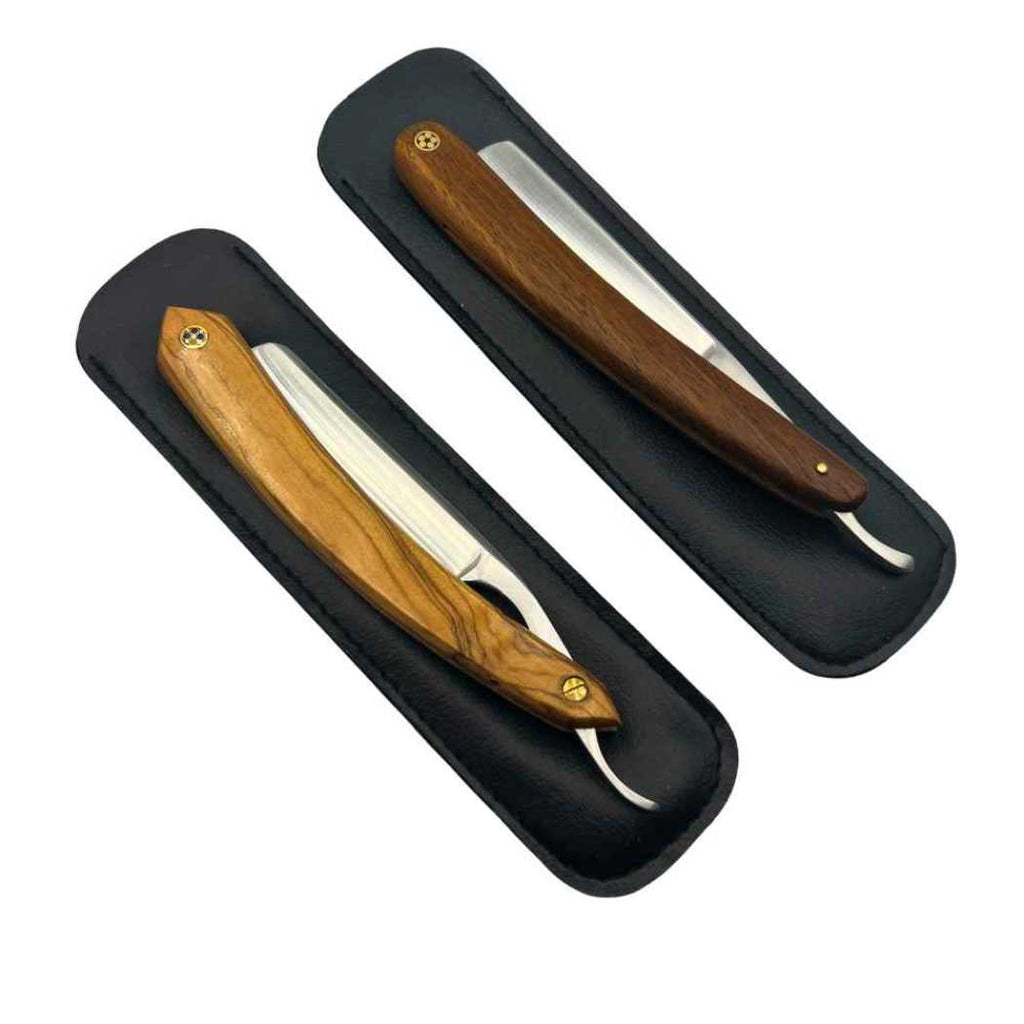 Straight razor set with two wooden-handled razors in black cases