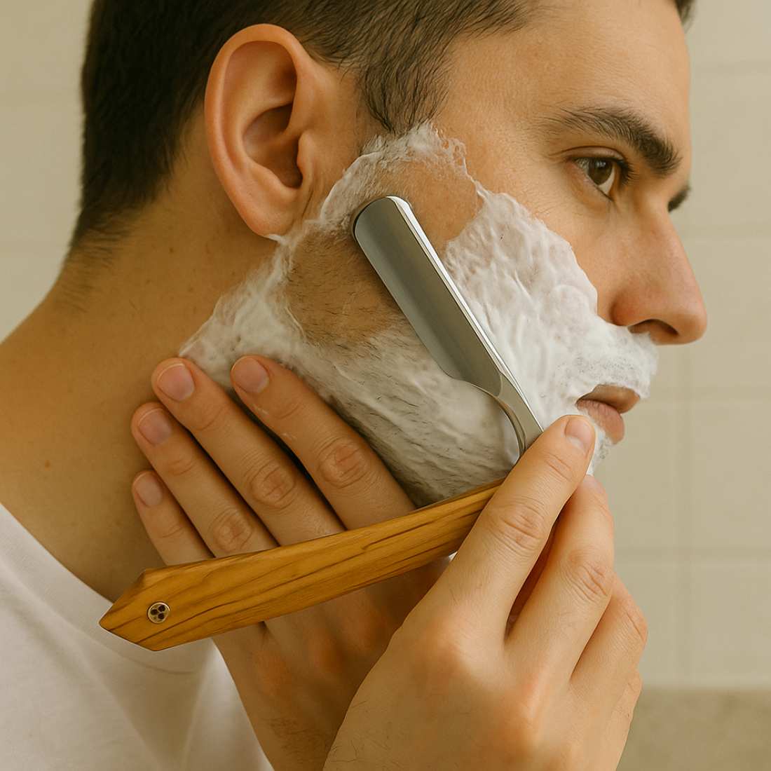 Straight razor with wooden handle held while shaving, silver blade visible