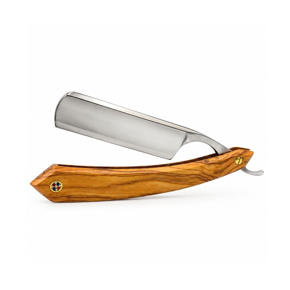 Stainless steel straight razor with wooden handle, polished blade