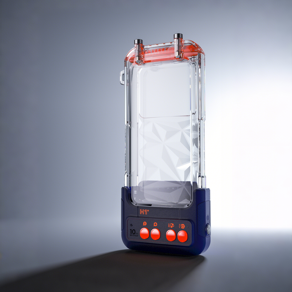 Waterproof phone case standing view with clear body and dark blue control panel