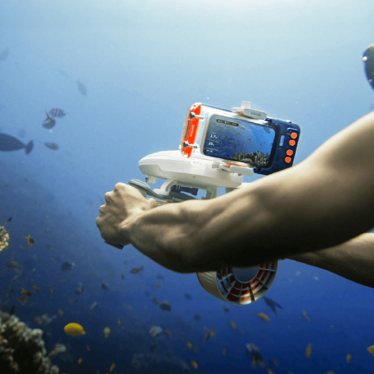 Waterproof phone case with clear window and orange frame, shown underwater with phone.