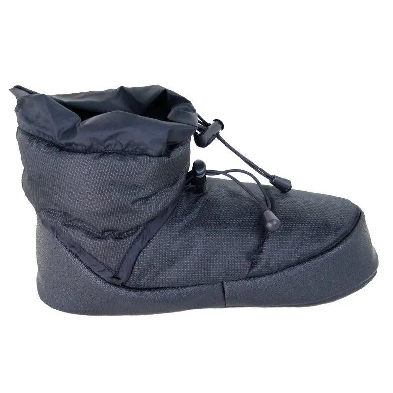 Dark booties with side drawstring lacing and padded rubber sole, ankle height