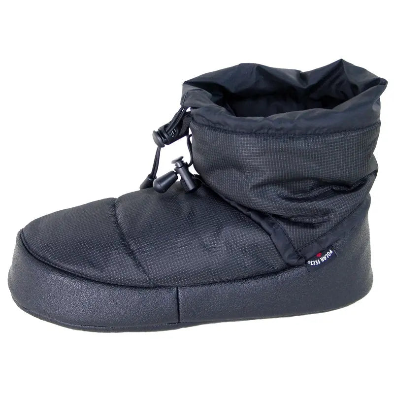 Black ankle bootie with cuff and drawstring, textured fabric upper and cushioned footbed