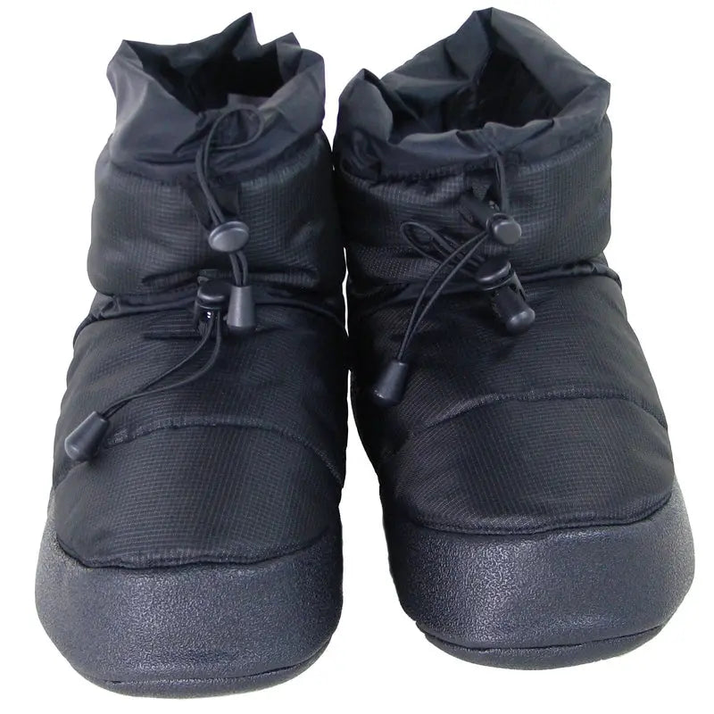 Black booties with bow-style laces, high cuff and textured fabric upper