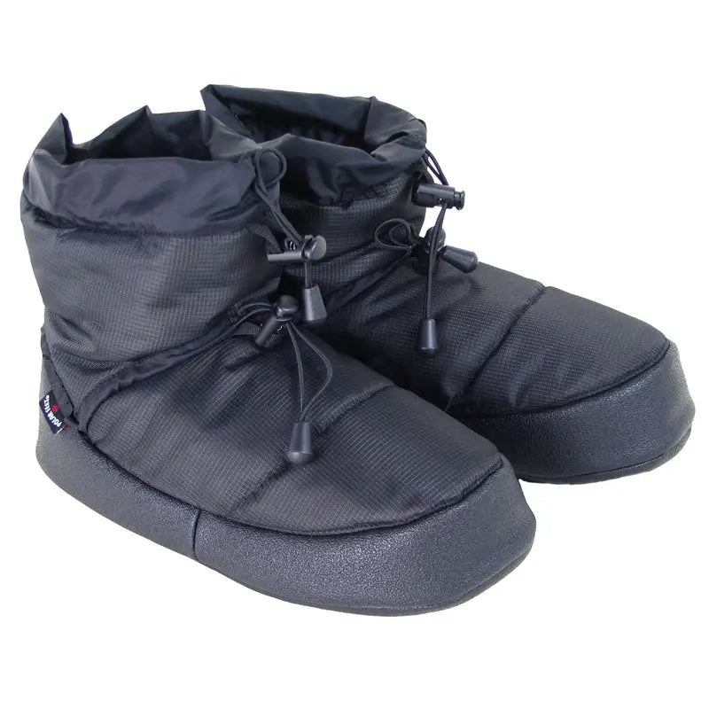 Black camp booties with drawstring cords and padded, slip-on style ankle height