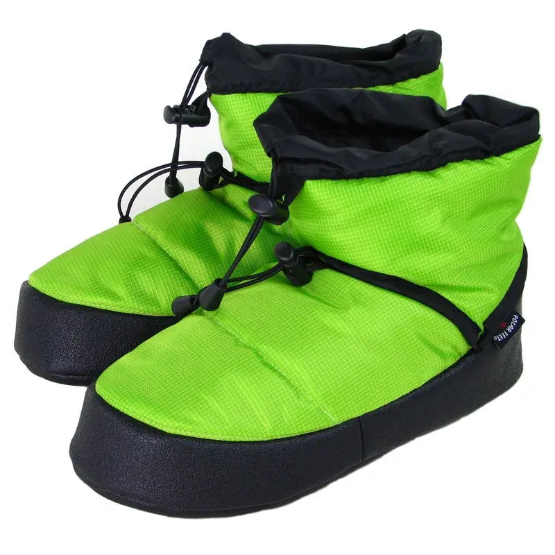 Lime green camp booties with black pull-tie straps and textured navy sole