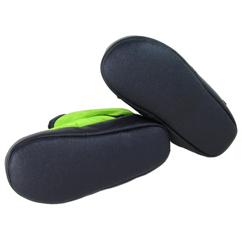 Lime green camp booties showing dark navy sock bottoms and cushioned sole
