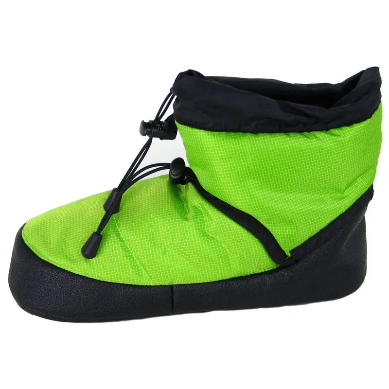 Lime green camp bootie with black strap lacing and soft, padded sole