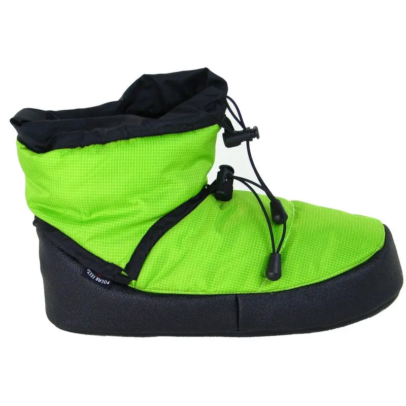Lime green camp booties with black drawstring cords and side strap detail