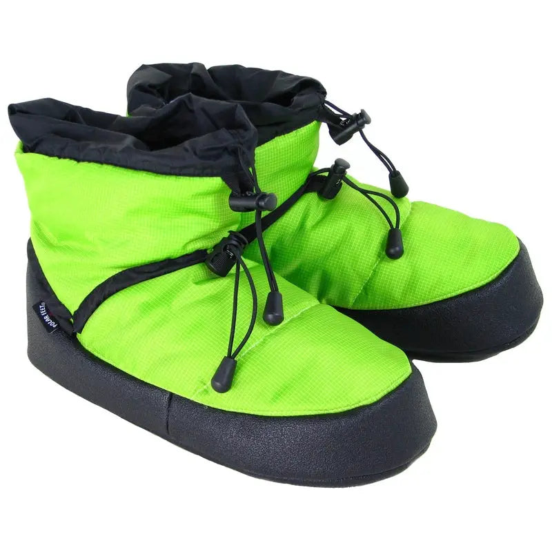 Lime green camp booties with black trim and lace-up drawstring closures