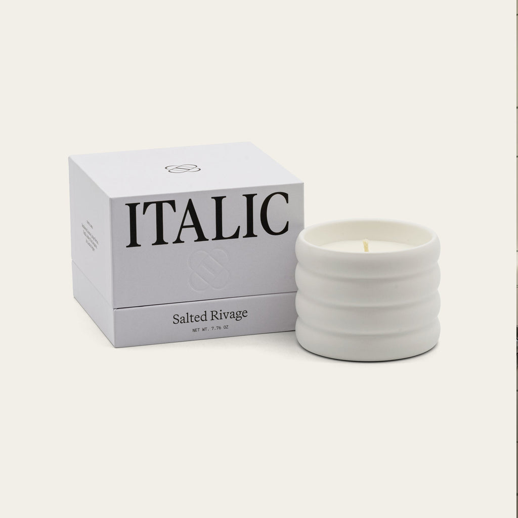 Soy wax ceramic candle in ribbed light-gray ceramic jar with flame; Salted Rivage box.
