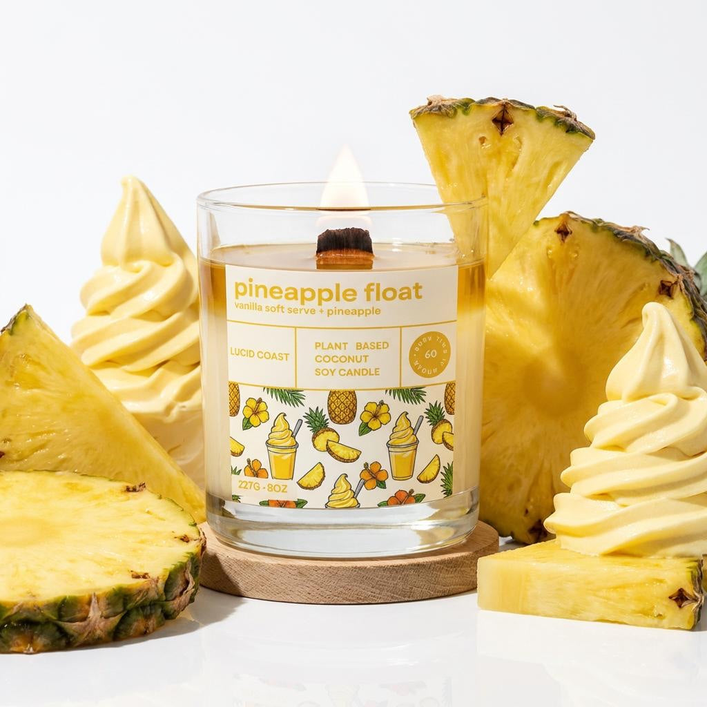 Glass jar candle with pineapple label, surrounded by pineapple chunks and cream wax swirls.