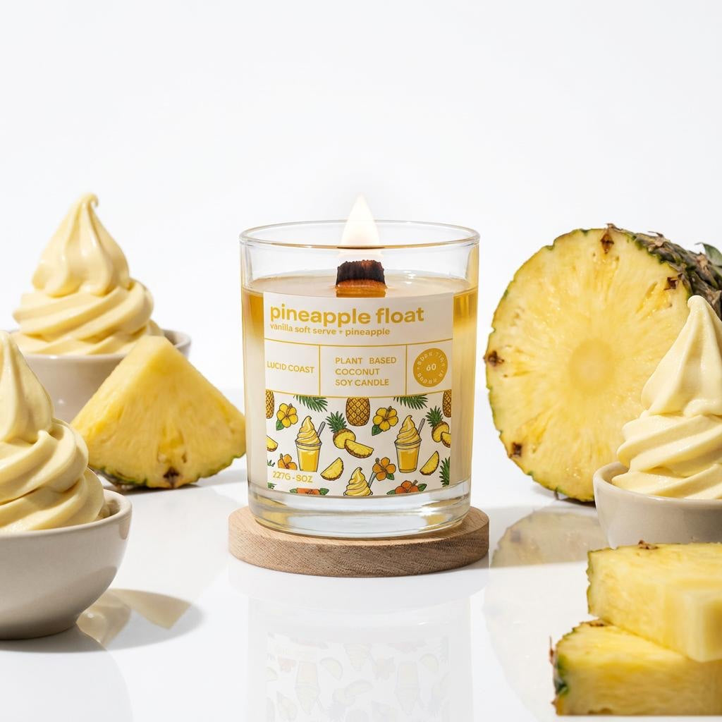Glass jar soy candle with pineapple wax swirls and pineapple slices on cork base.