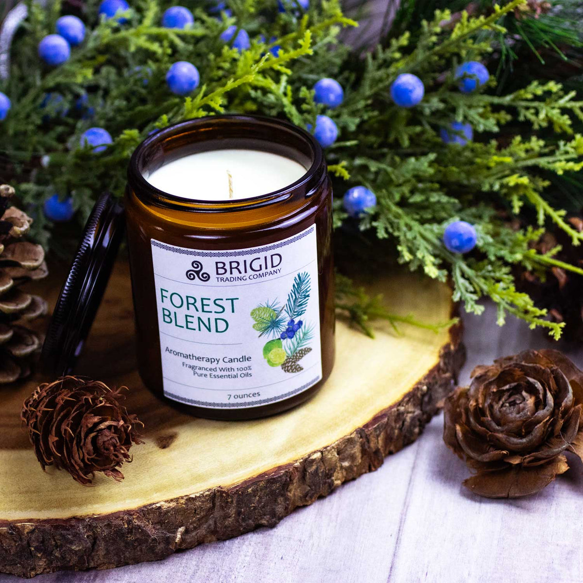 Amber glass soy wax candle with Forest Blend label and unlit wick visible on top.